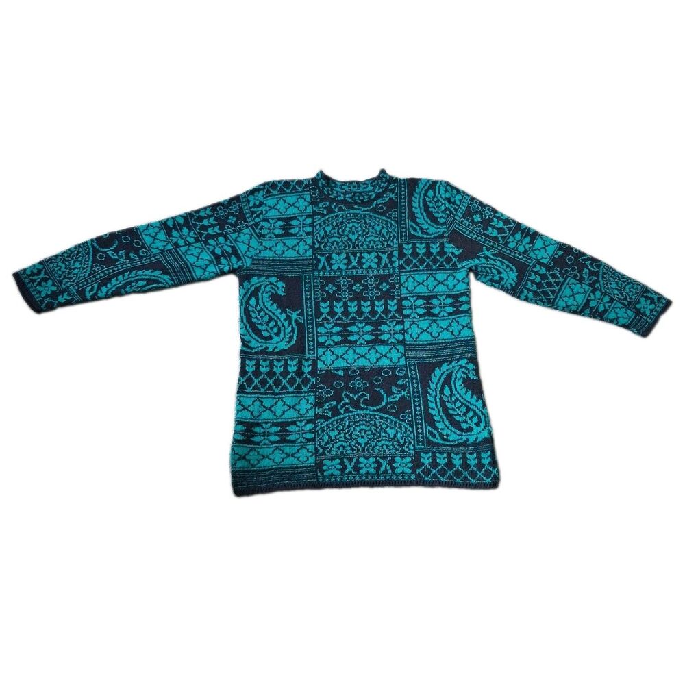 Vintage Alfred Dunner Teal Paisley Patchwork Knit Sweater Small Dark Acadamia